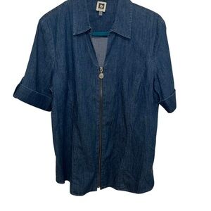 Vintage denim jeans shirt jacket Anne Klein zipper L large short sleeve nwot new